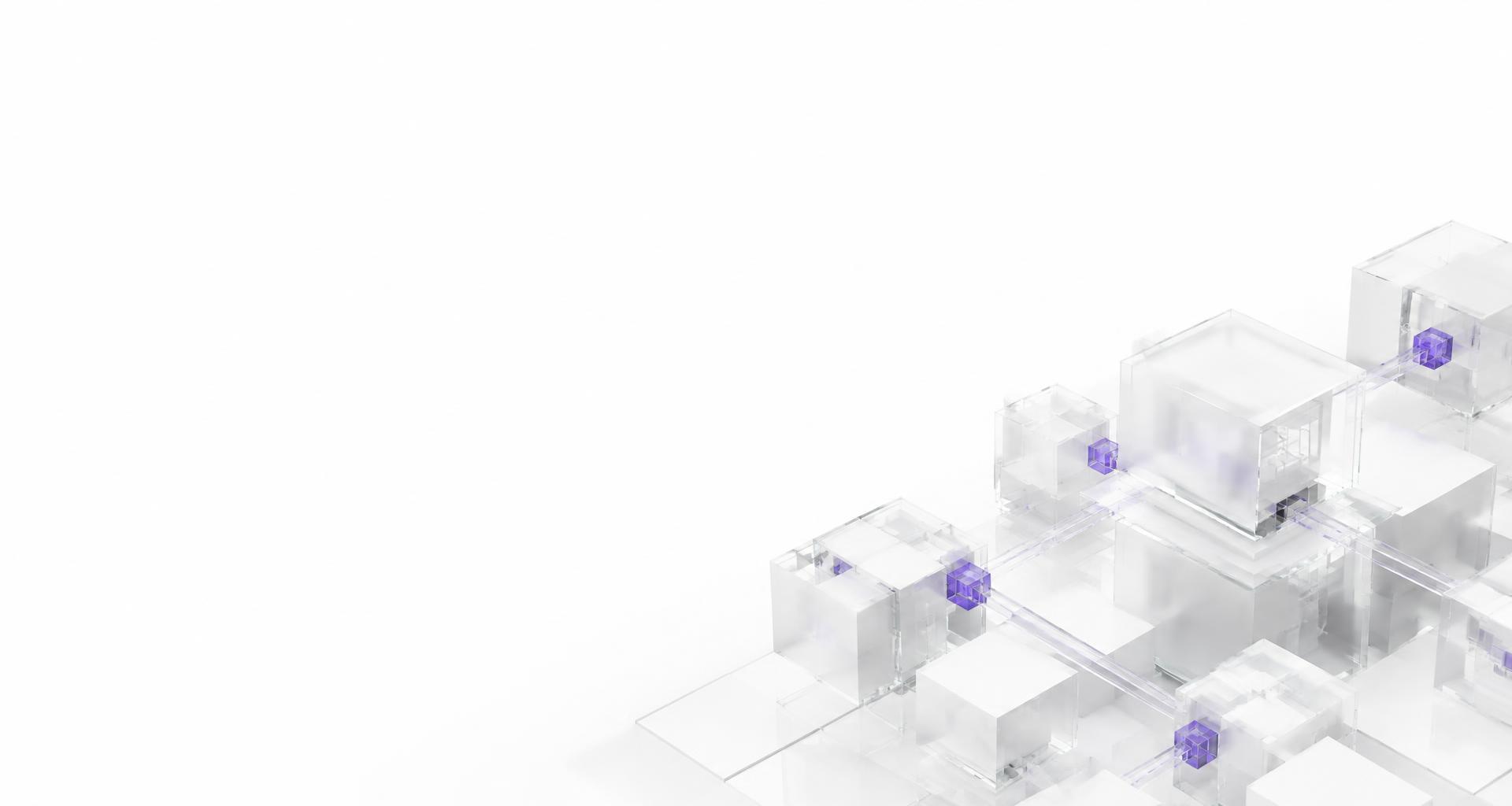 Arquitectura modular de infraestructura digital en vidrio blanco y violeta